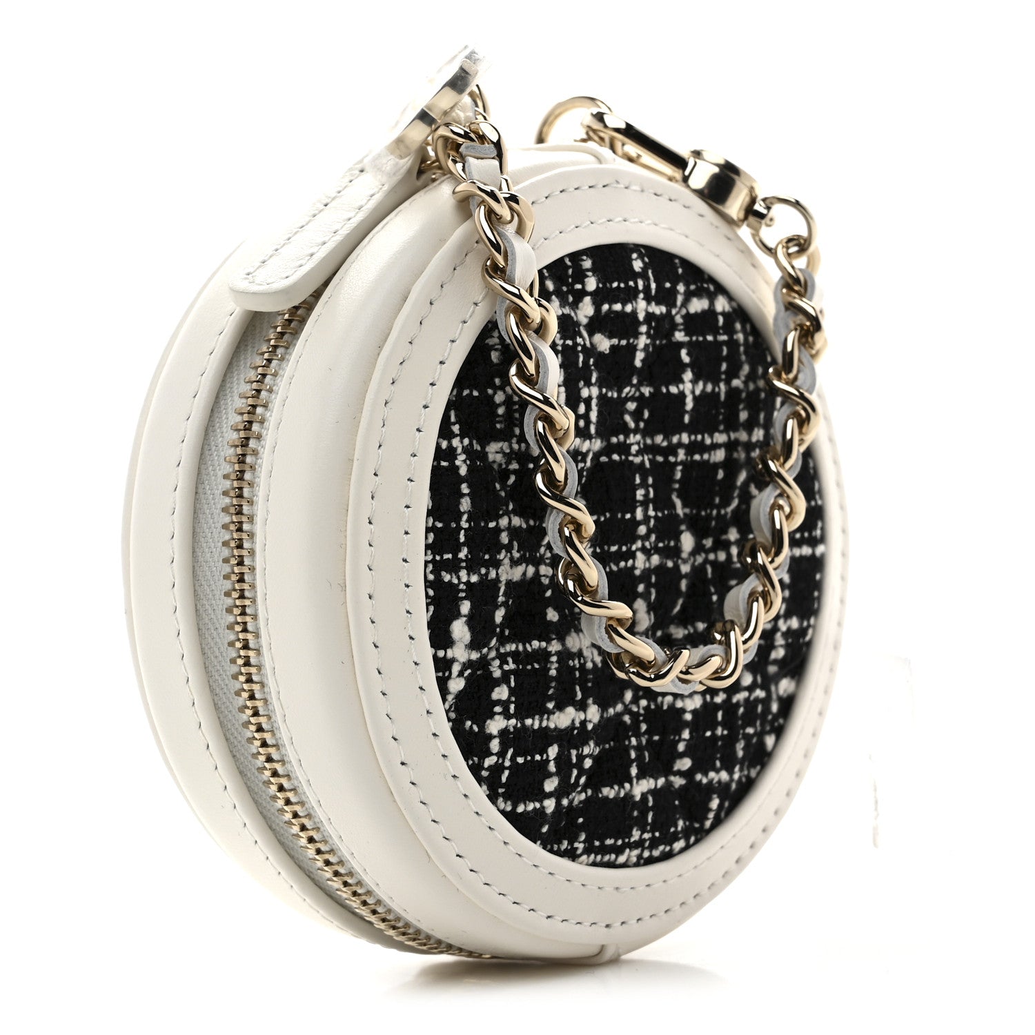 Chanel Tweed Quilted Round Filigree Pouch With Chain White Black 3 of 8