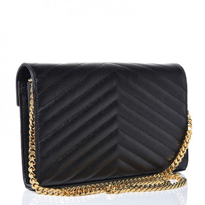 Saint Laurent Grain De Poudre Matelasse Chevron Monogram Chain Wallet Black 3 of 8