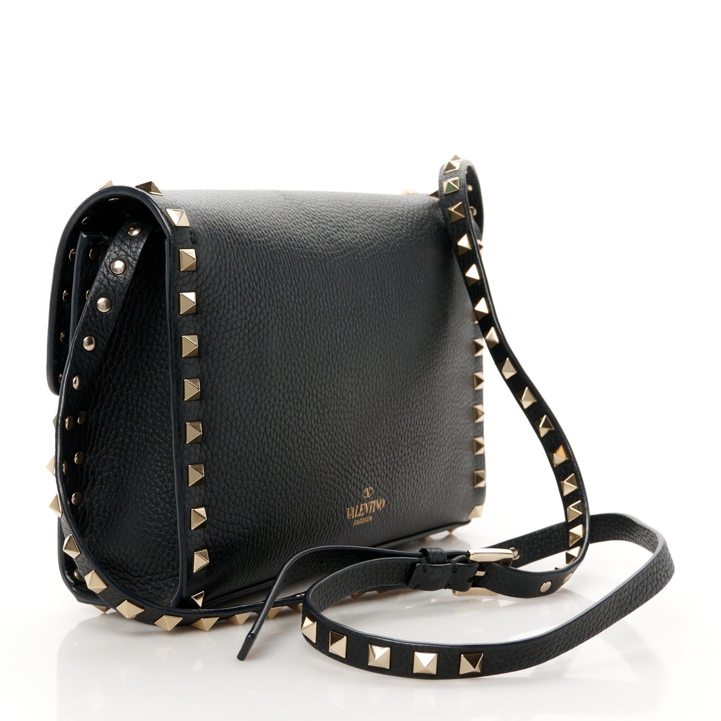 Pebbled Calfskin Medium Rockstud Flip Lock Crossbody Bag Black