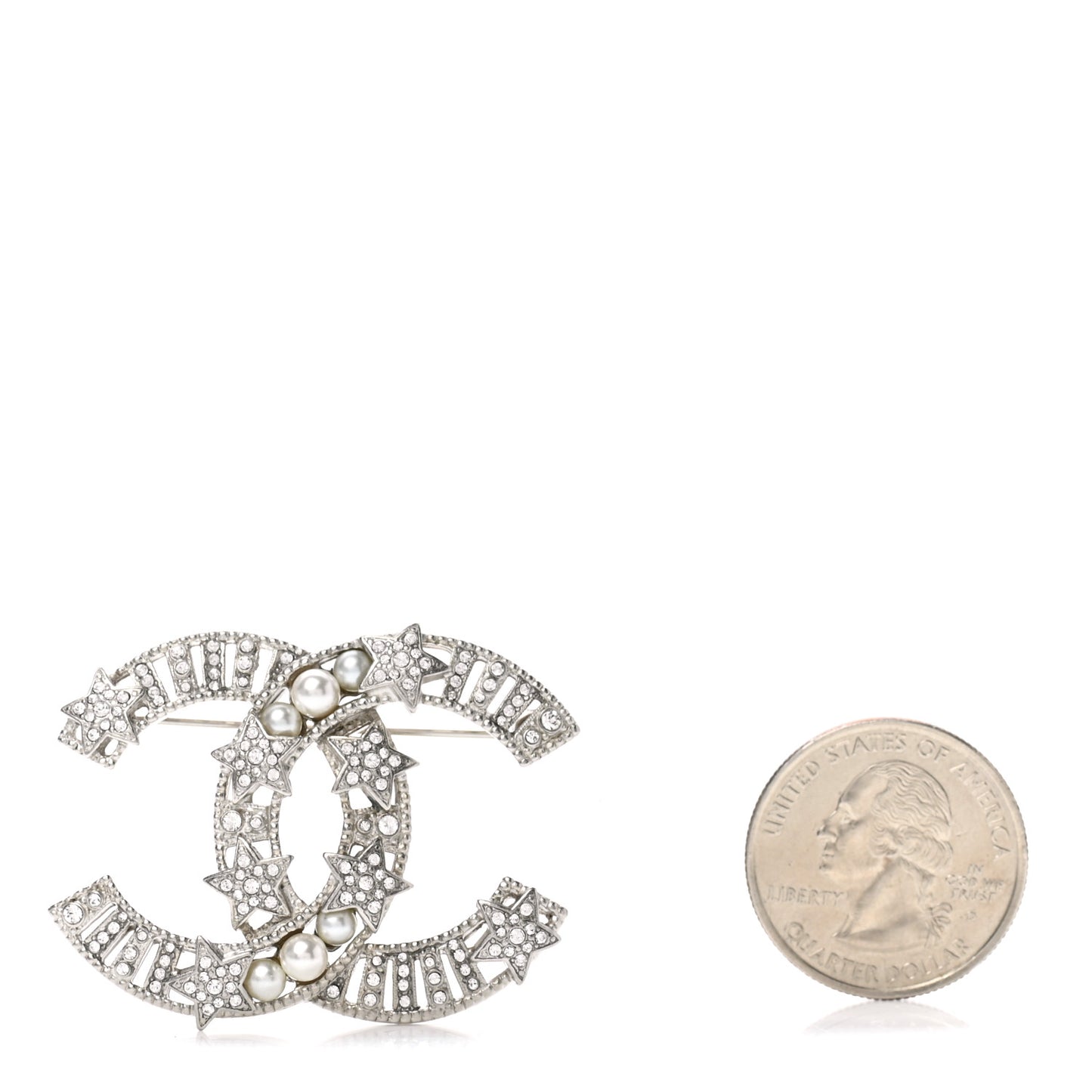 Crystal Pearl CC Star Coco Flapper Brooch Silver