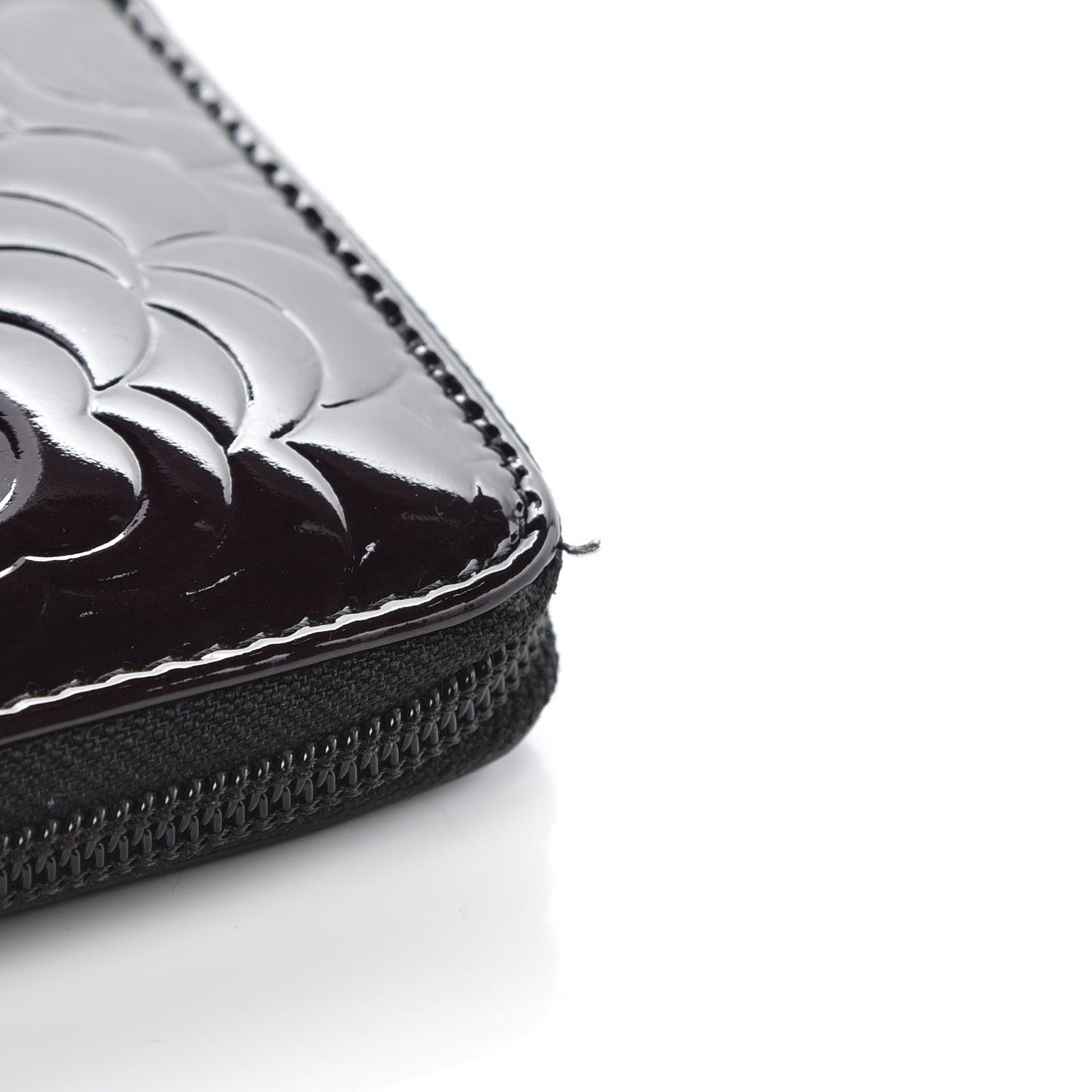 Patent Camellia Embossed Large Zip Around Gusset Wallet Black