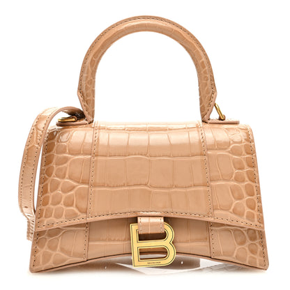 Balenciaga Shiny Calfskin Crocodile Embossed Hourglass Top Handle Bag XS Nude Beige 1 of 9