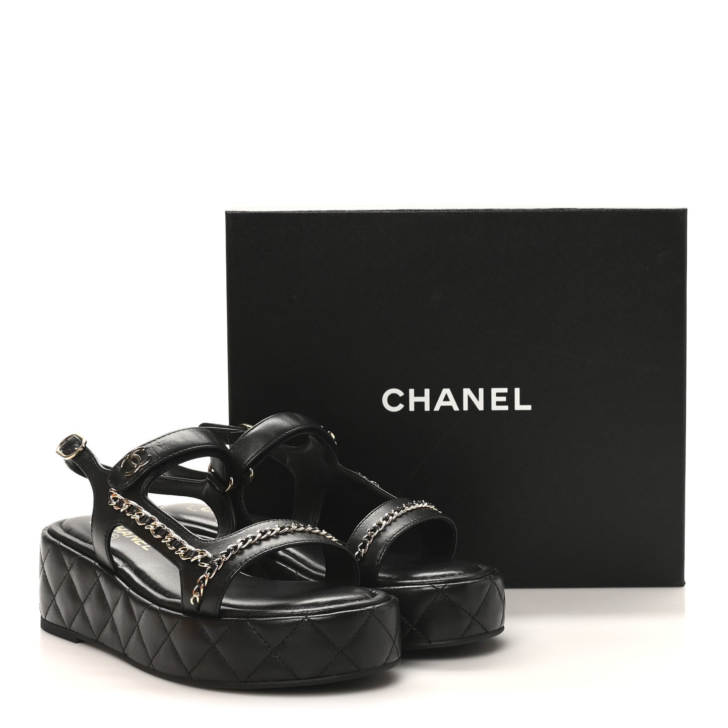 Lambskin Quilted Chain CC Platform Sandals 39.5 Black