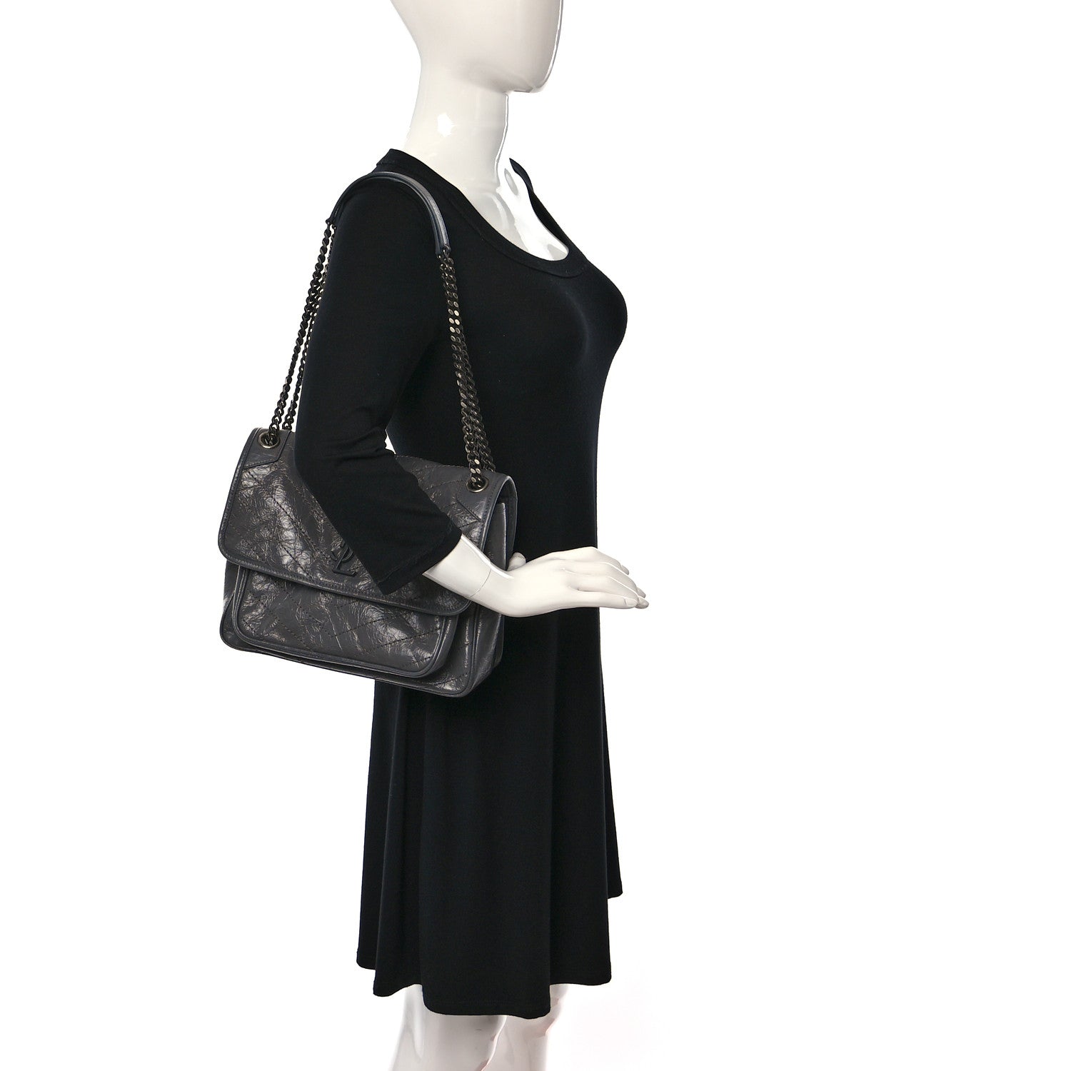 Saint Laurent Crinkled Calfskin Matelasse Monogram Medium Niki Chain Satchel Fog 2 of 9