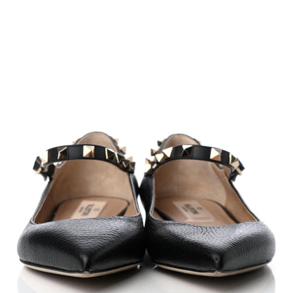 Valentino Garavani Pebbled Calfskin Rockstud Ankle Strap Ballerina Flats 36 Black 2 of 8