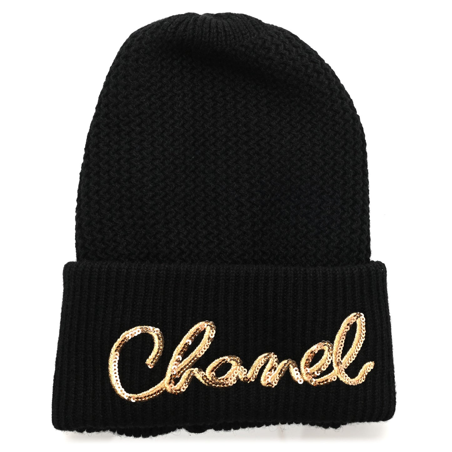 Cashmere Sequin Logo Beanie Hat Black Gold