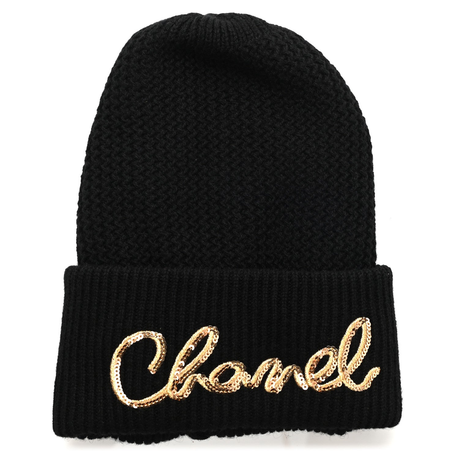Chanel Cashmere Sequin Logo Beanie Hat Black Gold 1 of 5
