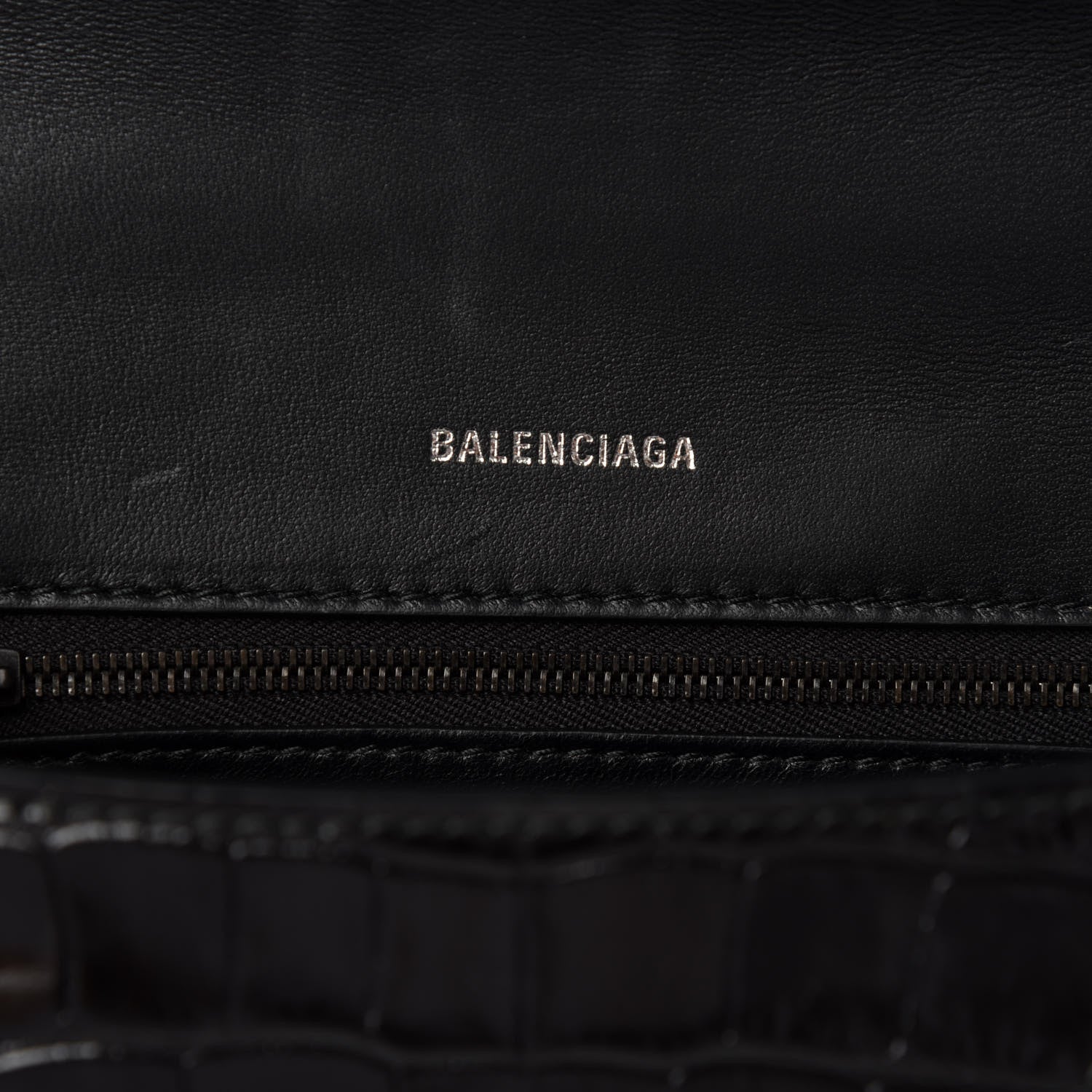 Balenciaga Shiny Calfskin Monochrome Crocodile Embossed Small Hourglass Top Handle Bag Black 6 of 9