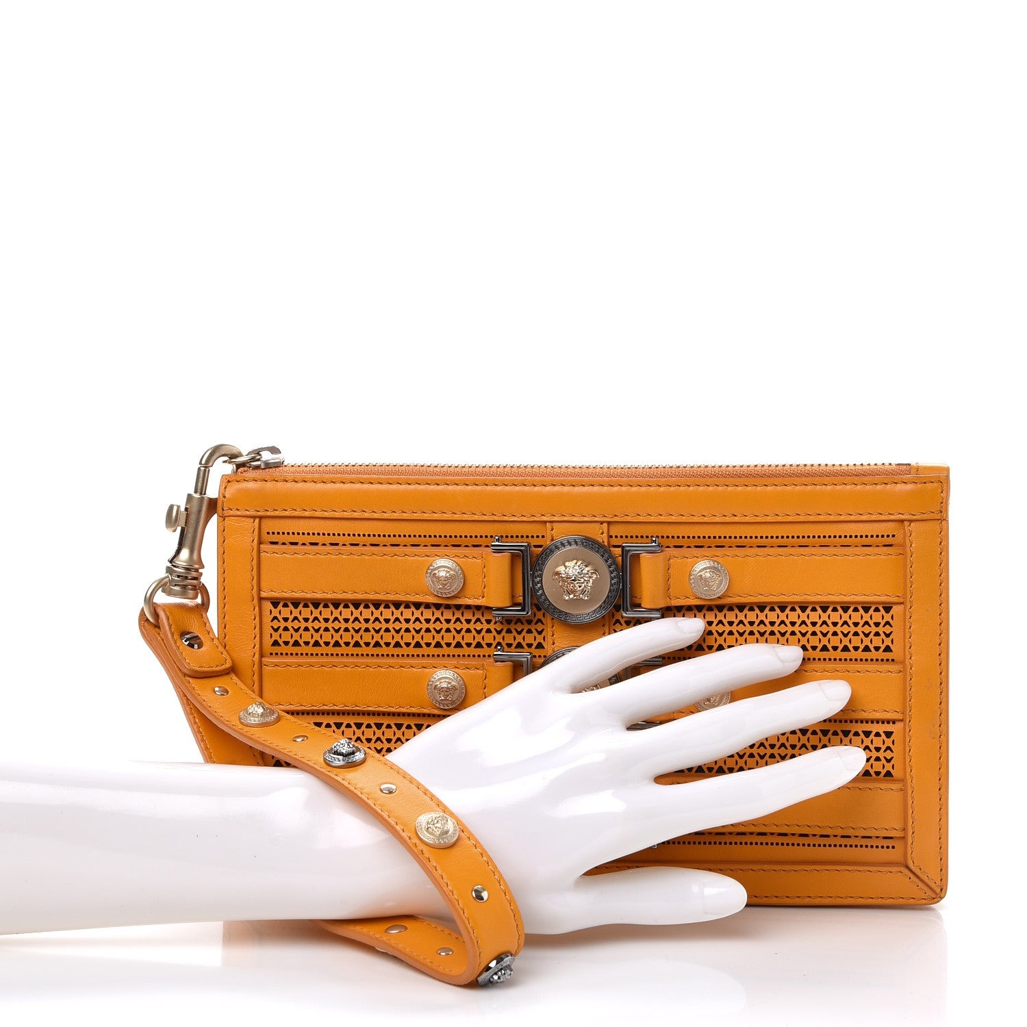 Versace Calfskin Laser Cut Medallion Wristlet Orange 2 of 6
