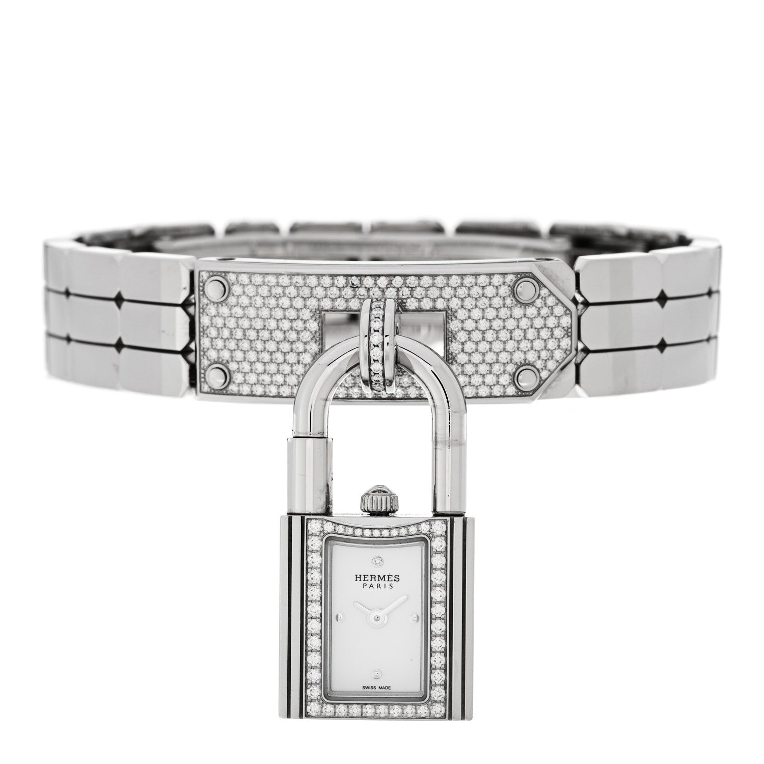 Hermes Stainless Steel Diamond Pave 16mm Kelly Quartz Watch 2 of 6