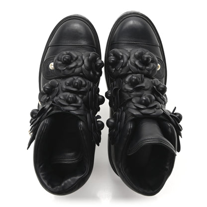 Chanel Calfskin Camellia High Top Sneakers 38.5 Navy 5 of 9