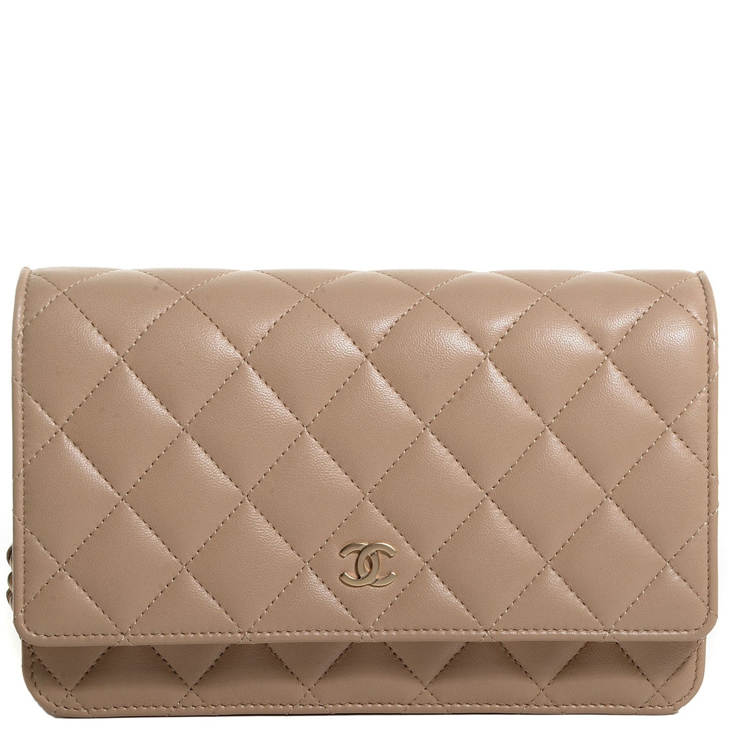 Lambskin Quilted Wallet On Chain WOC Beige Fonce