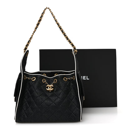 Chanel Braided Raffia Calfskin Small Chanel 25 Handbag Black White 11 of 11