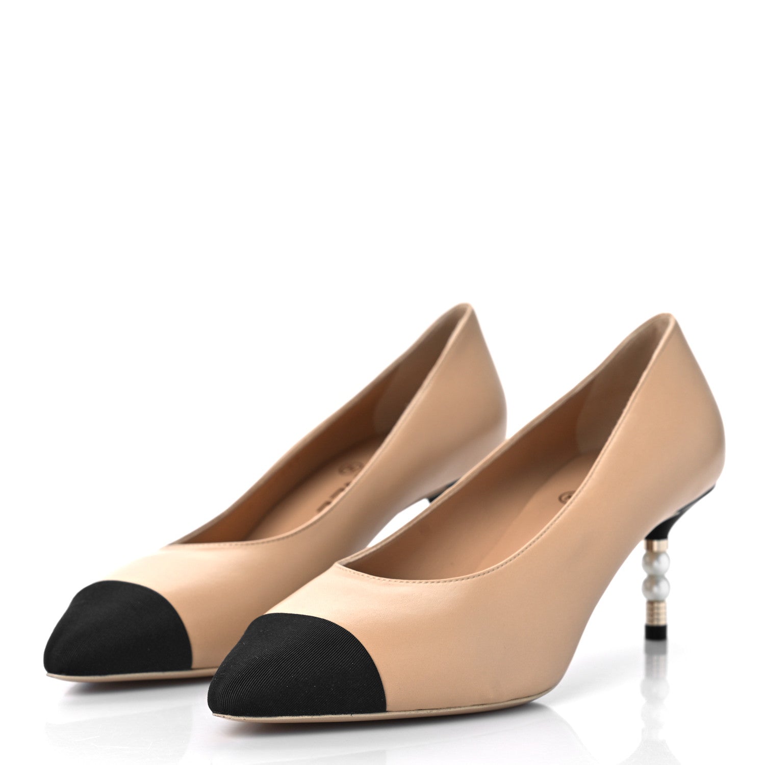 Chanel Lambskin Grosgrain Cap Toe CC Pearl Pumps 39.5 Beige Black 4 of 8