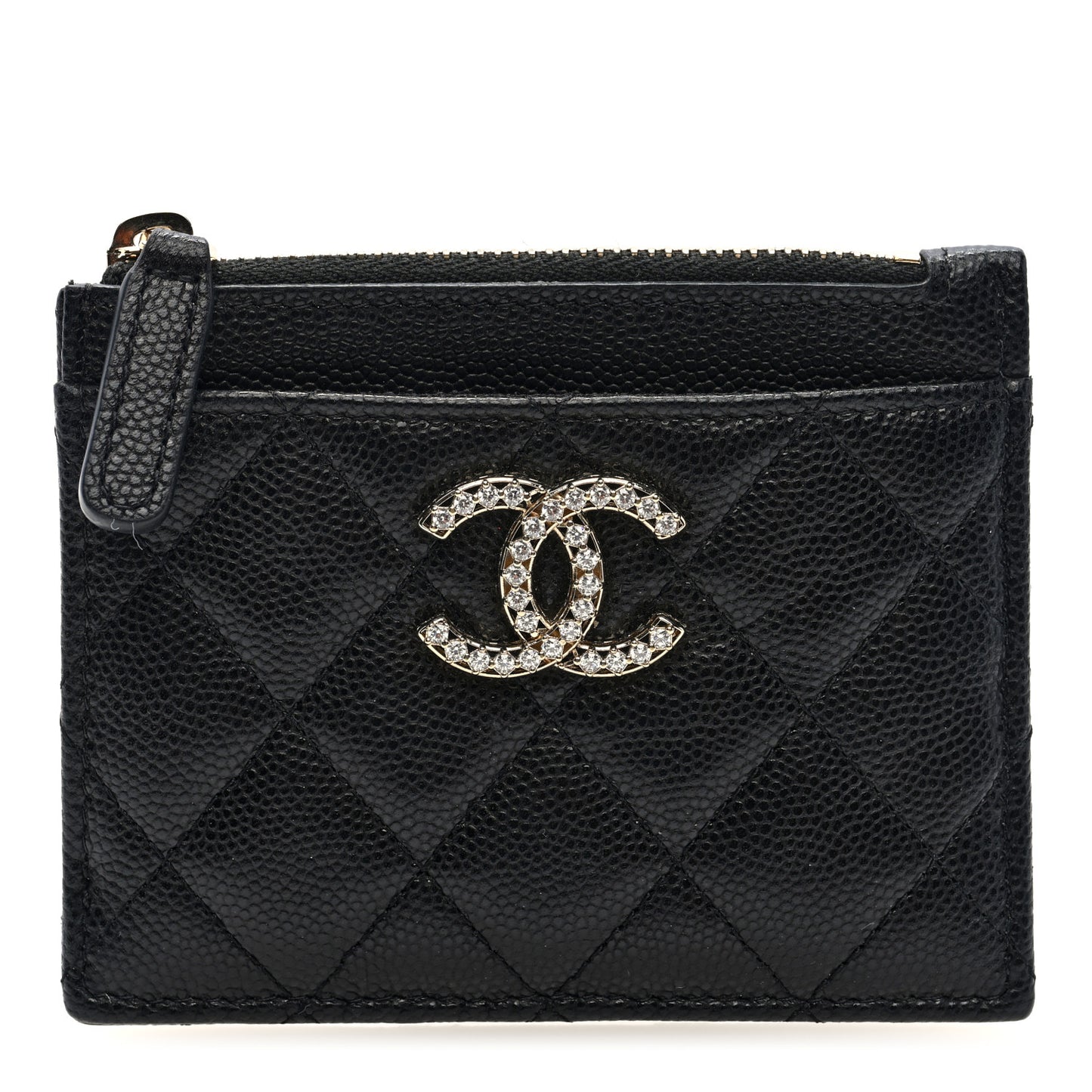 Caviar Quilted Crystal CC Logo Zip Card Holder Black