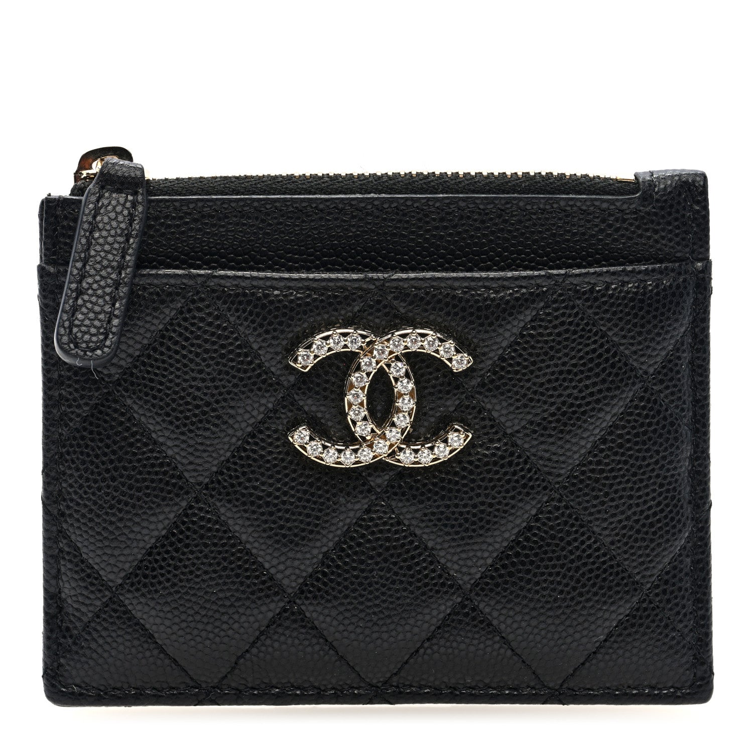 Chanel Caviar Quilted Crystal CC Logo Zip Card Holder Black 1 of 8