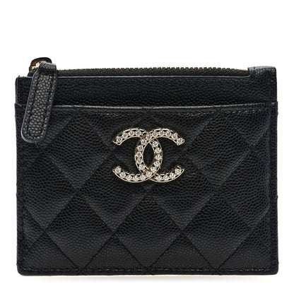 Chanel Caviar Quilted Crystal CC Logo Zip Card Holder Black 1 of 8