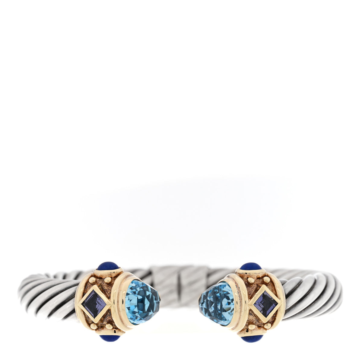 Sterling Silver 14K Yellow Gold Blue Topaz Iolite Lapis Lazuli 10mm Cable Renaissance Bracelet