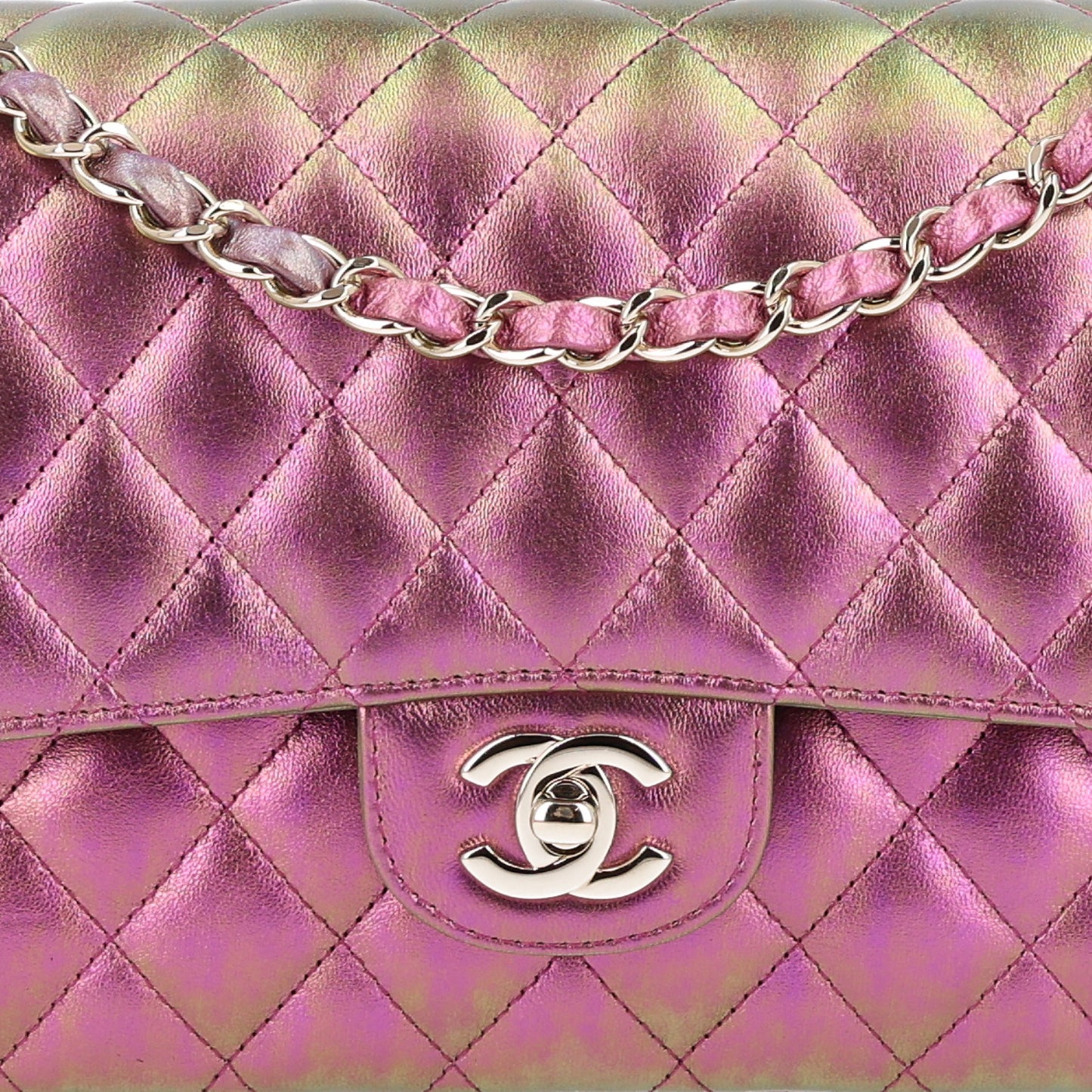 Iridescent Lambskin Quilted Medium Double Flap Purple