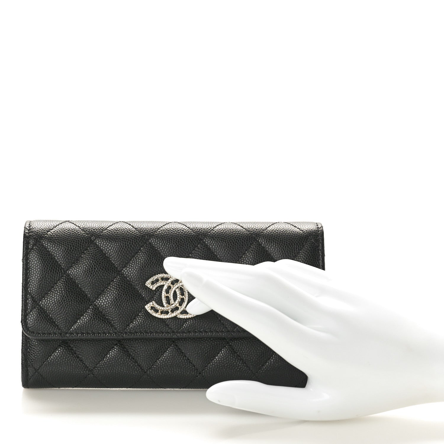 Chanel Caviar Quilted Crystal CC Large Gusset Flap Wallet Black 2 of 9