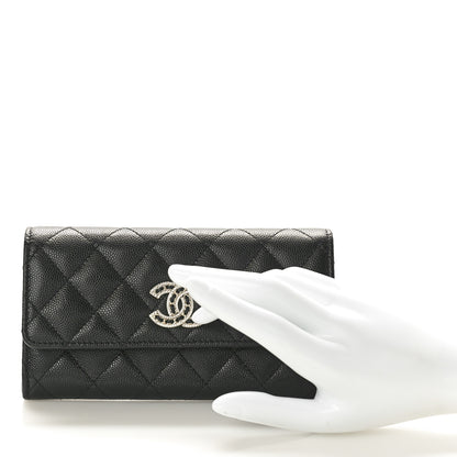 Chanel Caviar Quilted Crystal CC Large Gusset Flap Wallet Black 2 of 9