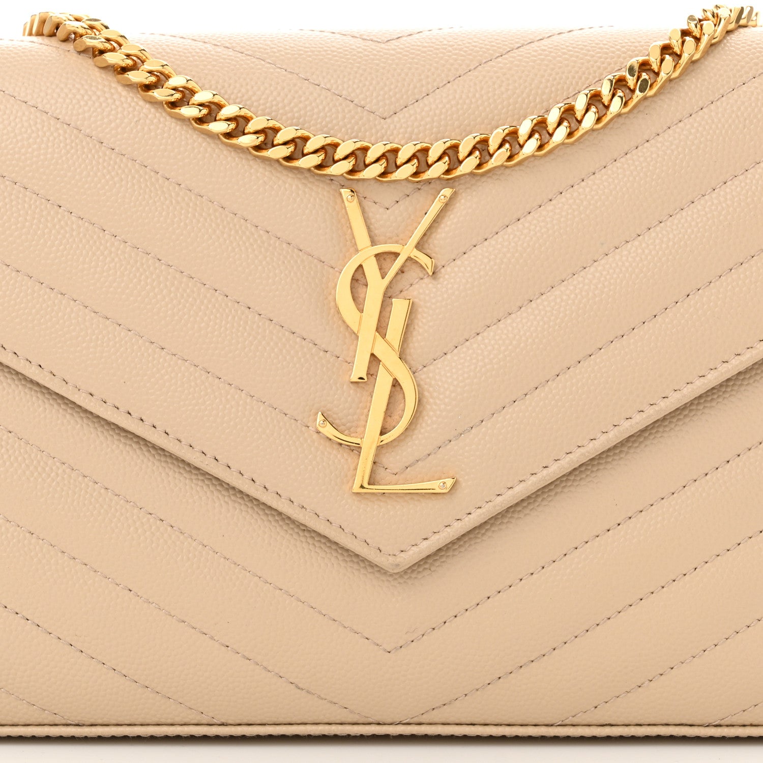 Saint Laurent Grain De Poudre Matelasse Chevron Monogram Chain Wallet  Nude Powder 9 of 13