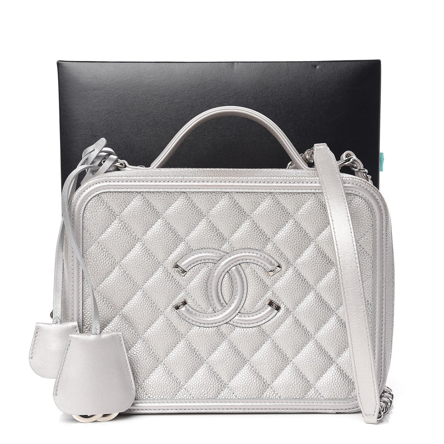 Metallic Caviar Quilted Large CC Filigree Vanity Case Silver