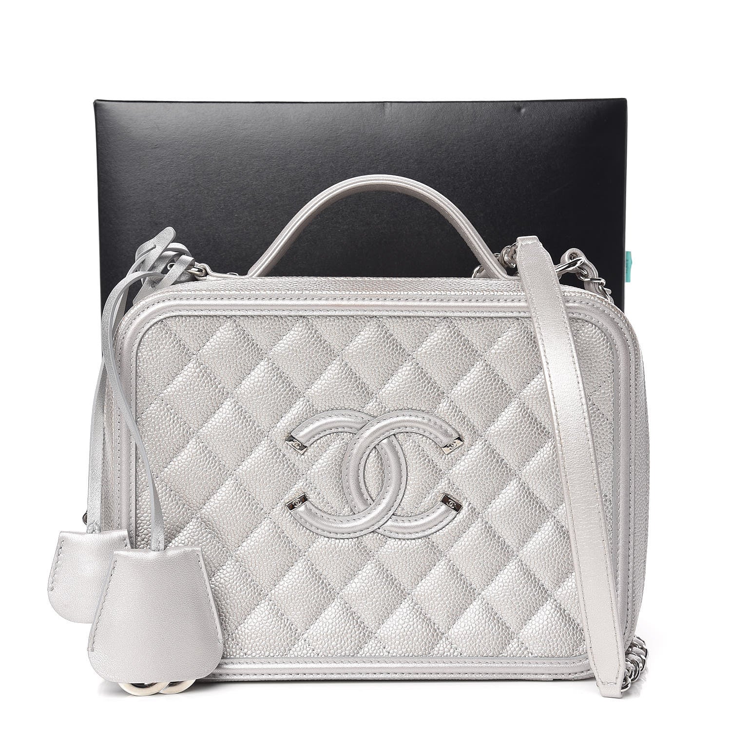 Chanel Metallic Caviar Quilted Large CC Filigree Vanity Case Silver 12 of 12