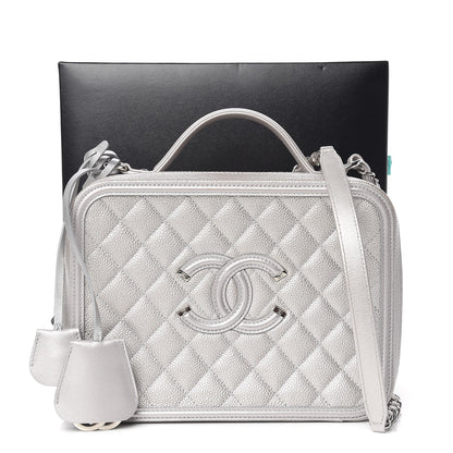 Chanel Metallic Caviar Quilted Large CC Filigree Vanity Case Silver 12 of 12