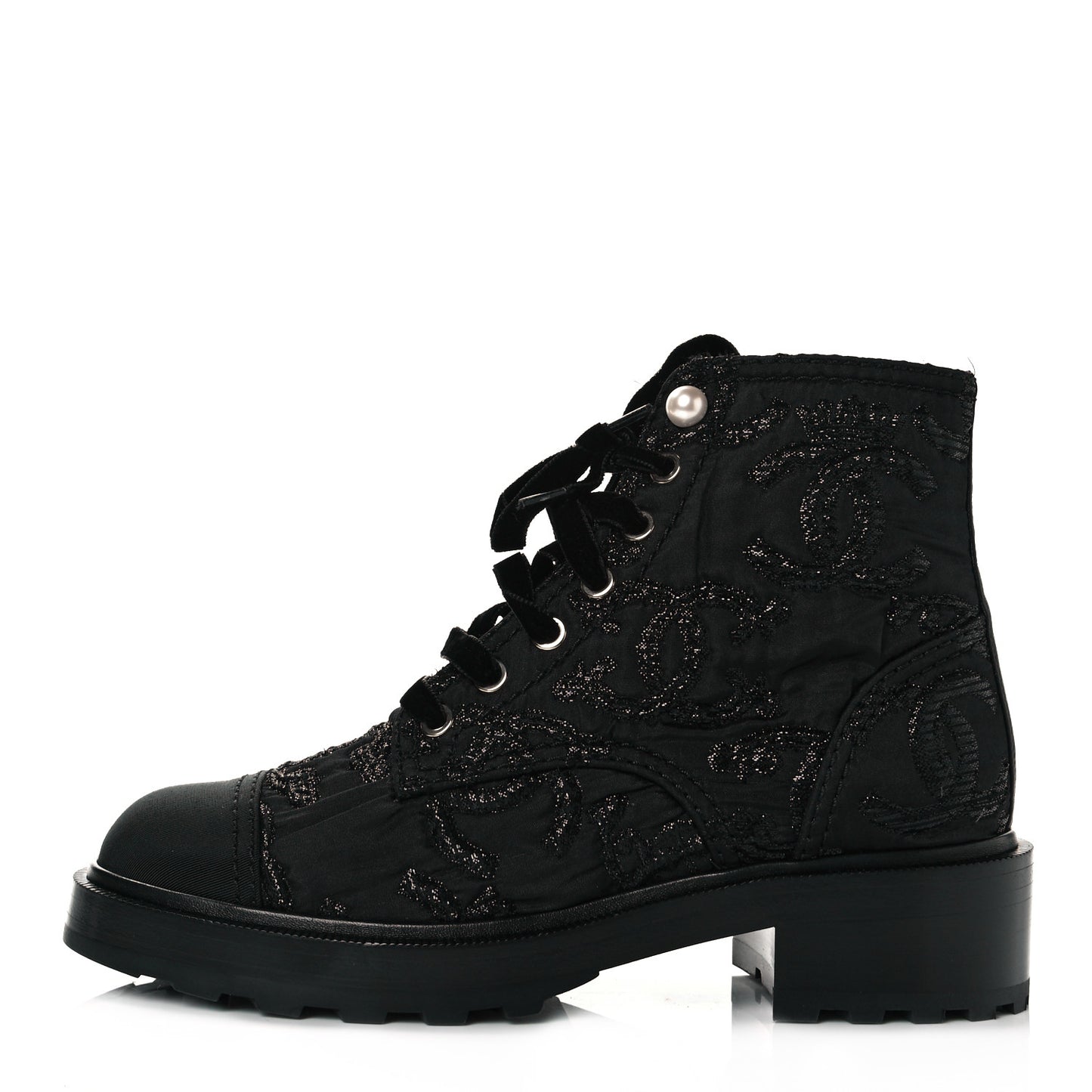 Grosgrain Pearl CC Combat Short Boots 38.5 Black