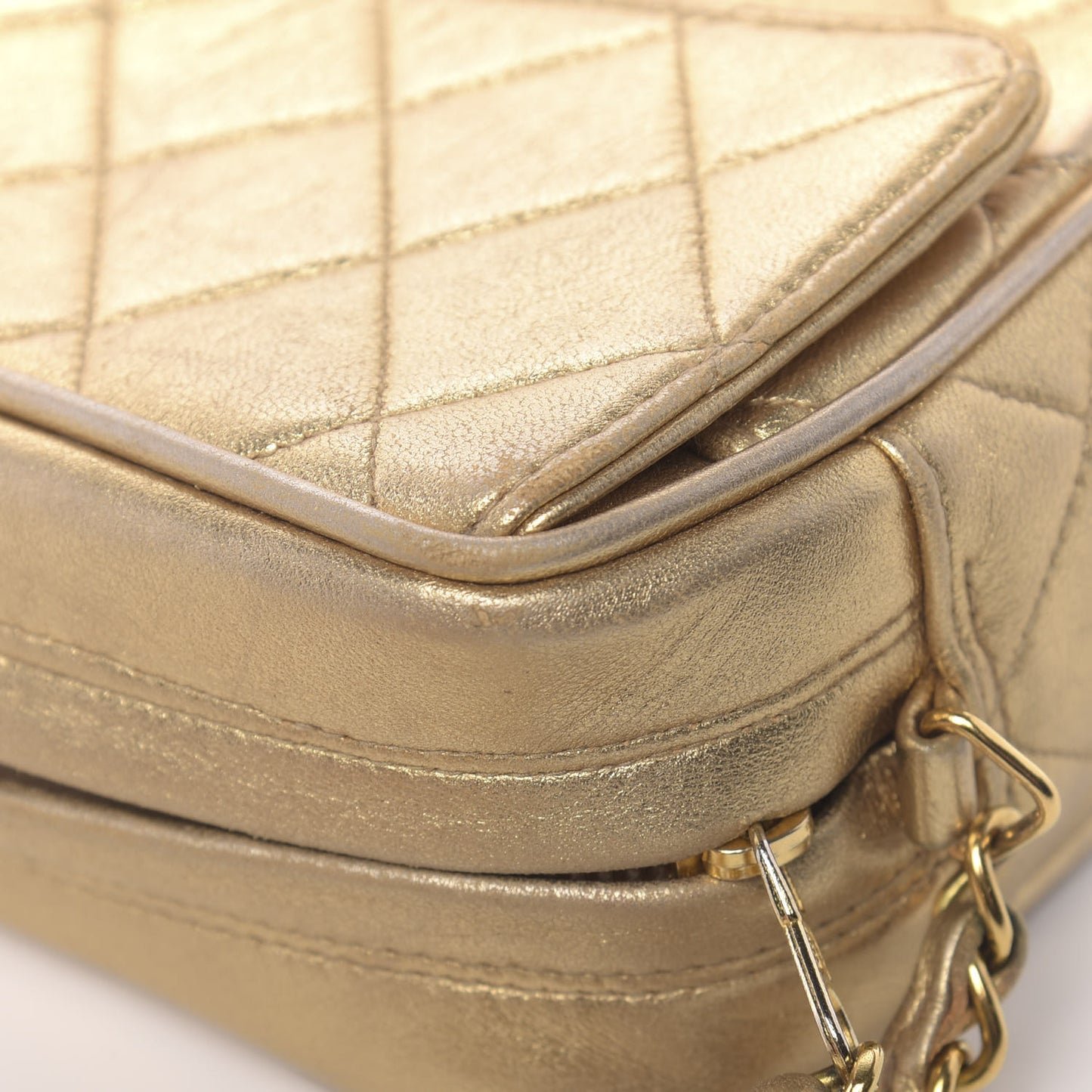 Metallic Lambskin Quilted Camera Case Gold