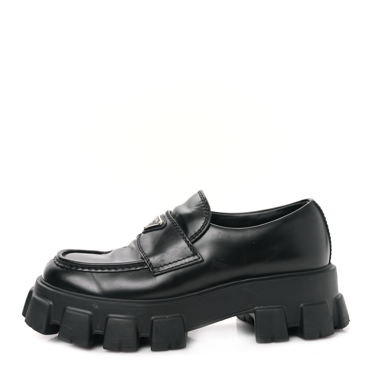 Prada Spazzolato Rois Metal Triangle Logo Mens Monolith 60mm Loafers 7 Black 1 of 8