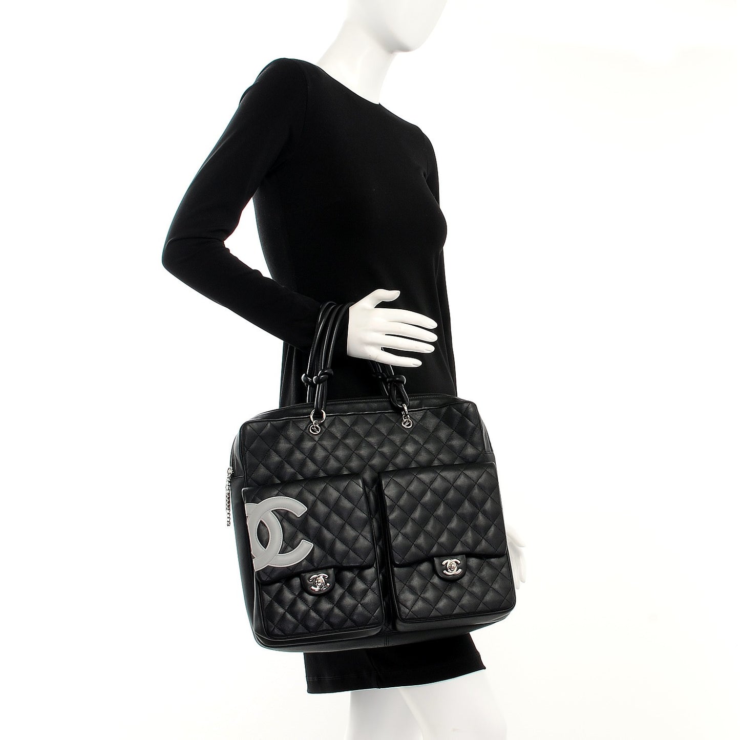 Calfskin Quilted Cambon Multipocket Top Handle Bag Black