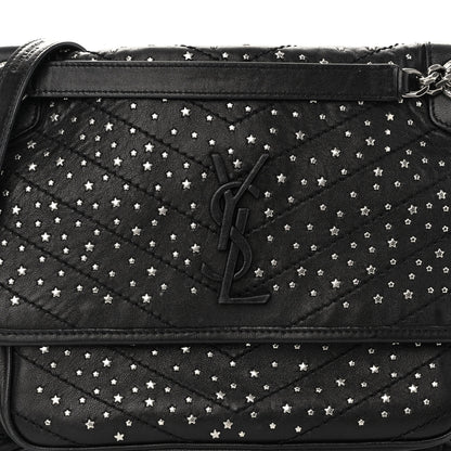 Saint Laurent Calfskin Matelasse Monogram Studded Stardust Medium Niki Chain Satchel Black 7 of 11