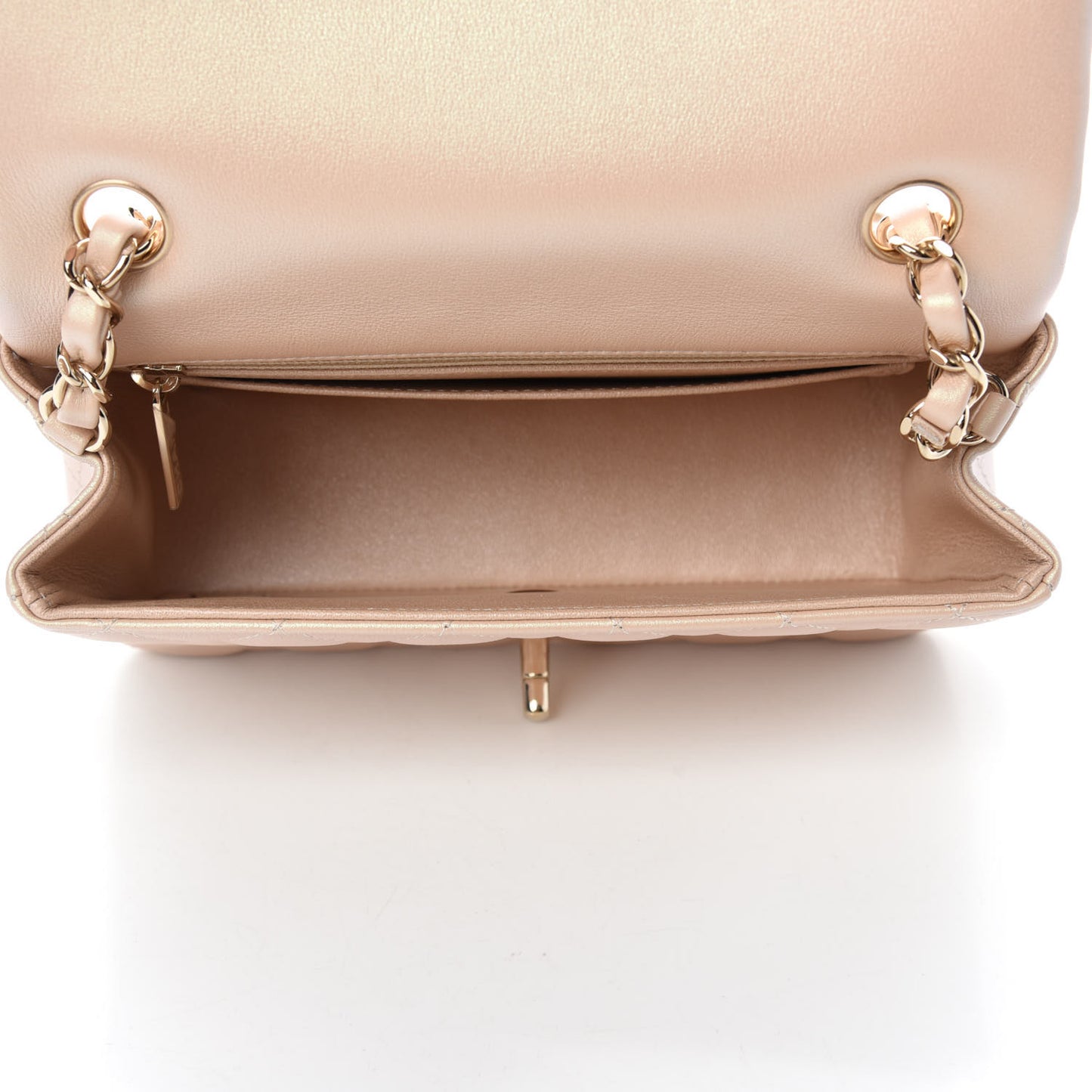 Iridescent Calfskin Quilted Mini Rectangular Flap Beige
