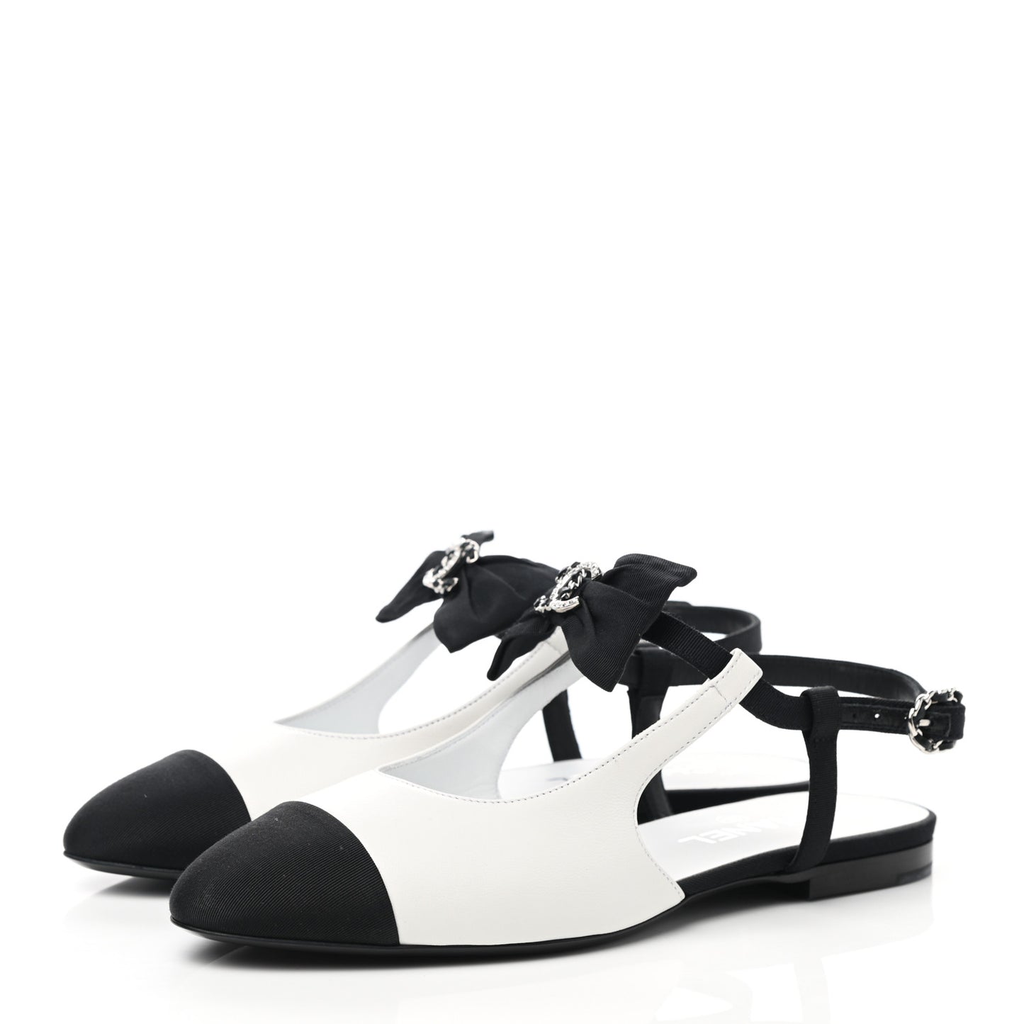 Lambskin Grosgrain Crystal Chain CC Logo Bow Slingback Flats 38 White Black