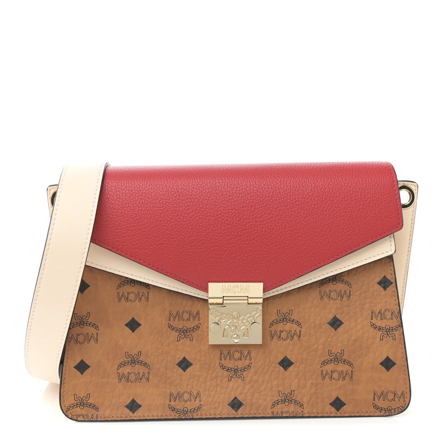 Visetos Calfskin Colorblock Mezzanin Shoulder Bag Cognac Ruby Red
