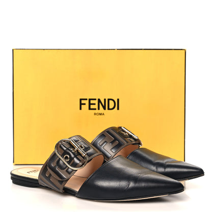 Fendi Vitello FF Embossed Buckle Flat Mules 36.5 Maya Black 9 of 9