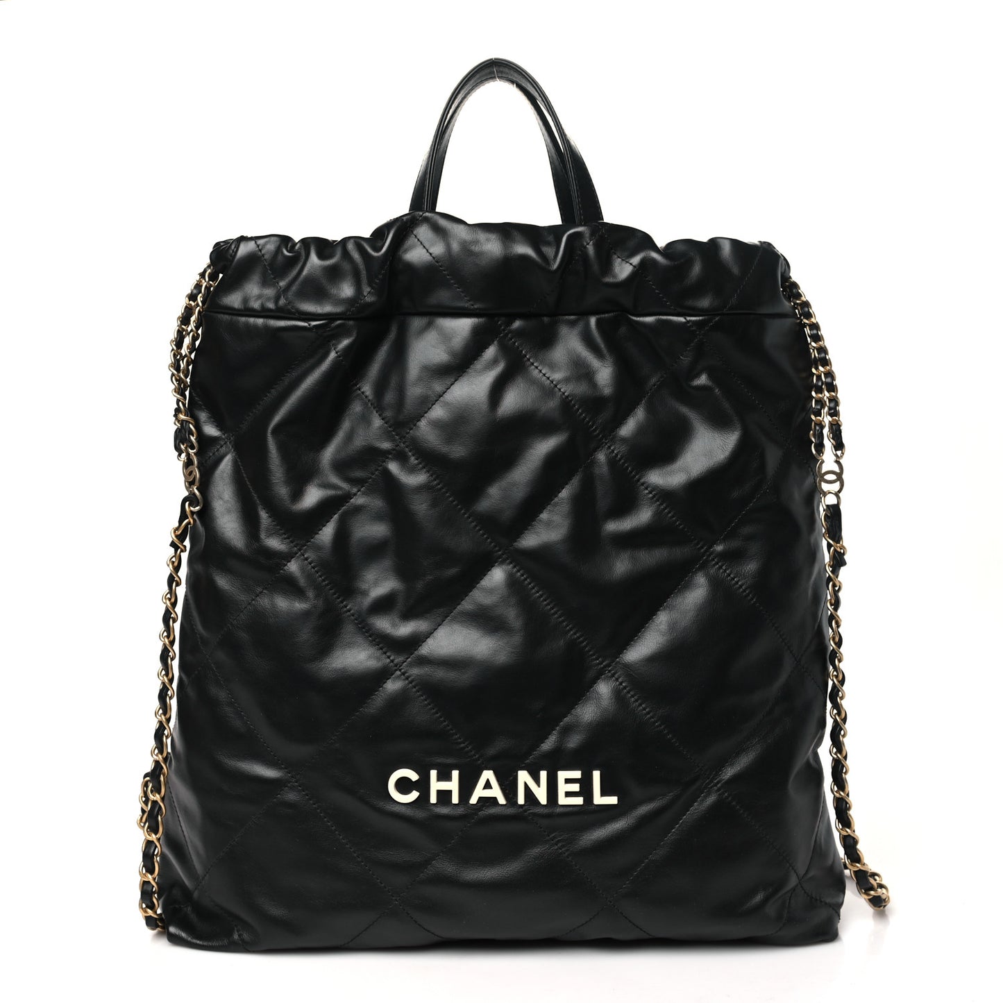 Shiny Calfskin Quilted Chanel 22 Backpack Black