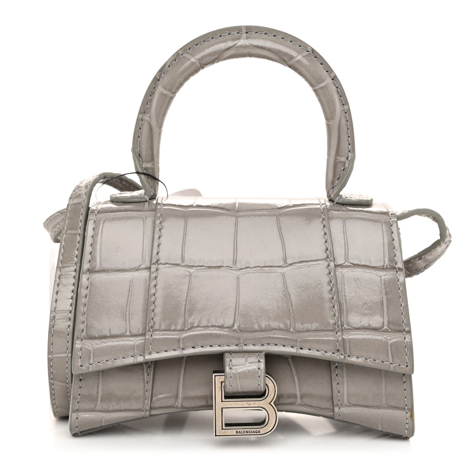 Balenciaga Shiny Calfskin Crocodile Embossed Hourglass Top Handle Bag Mini Steel Grey 1 of 11