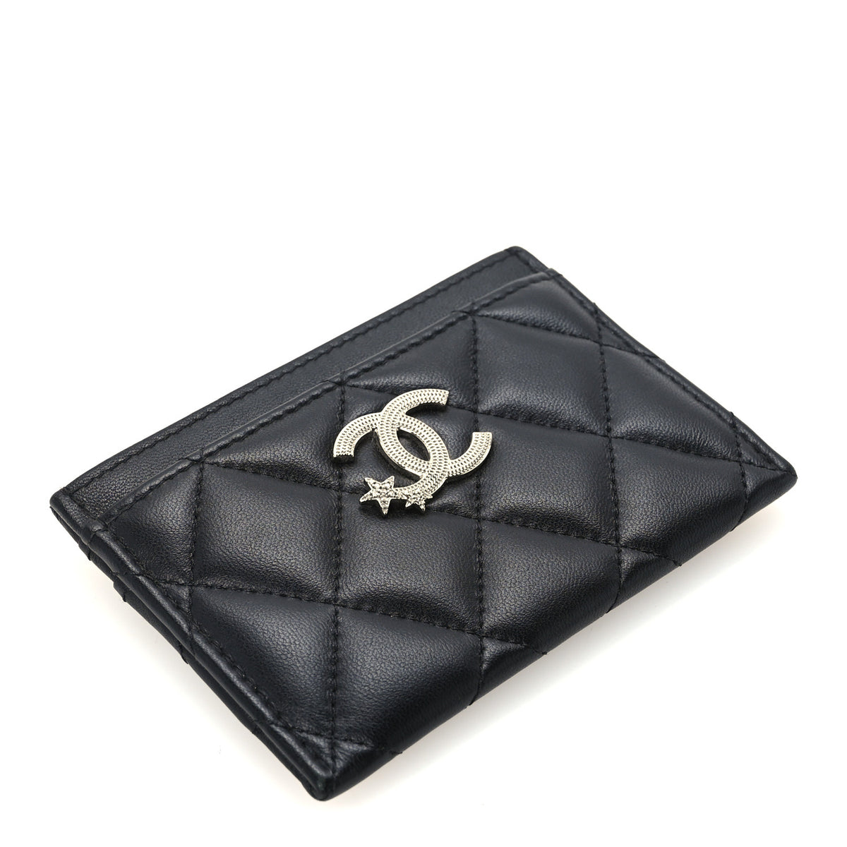 Lambskin Crystal Quilted Studded CC Card Holder Black