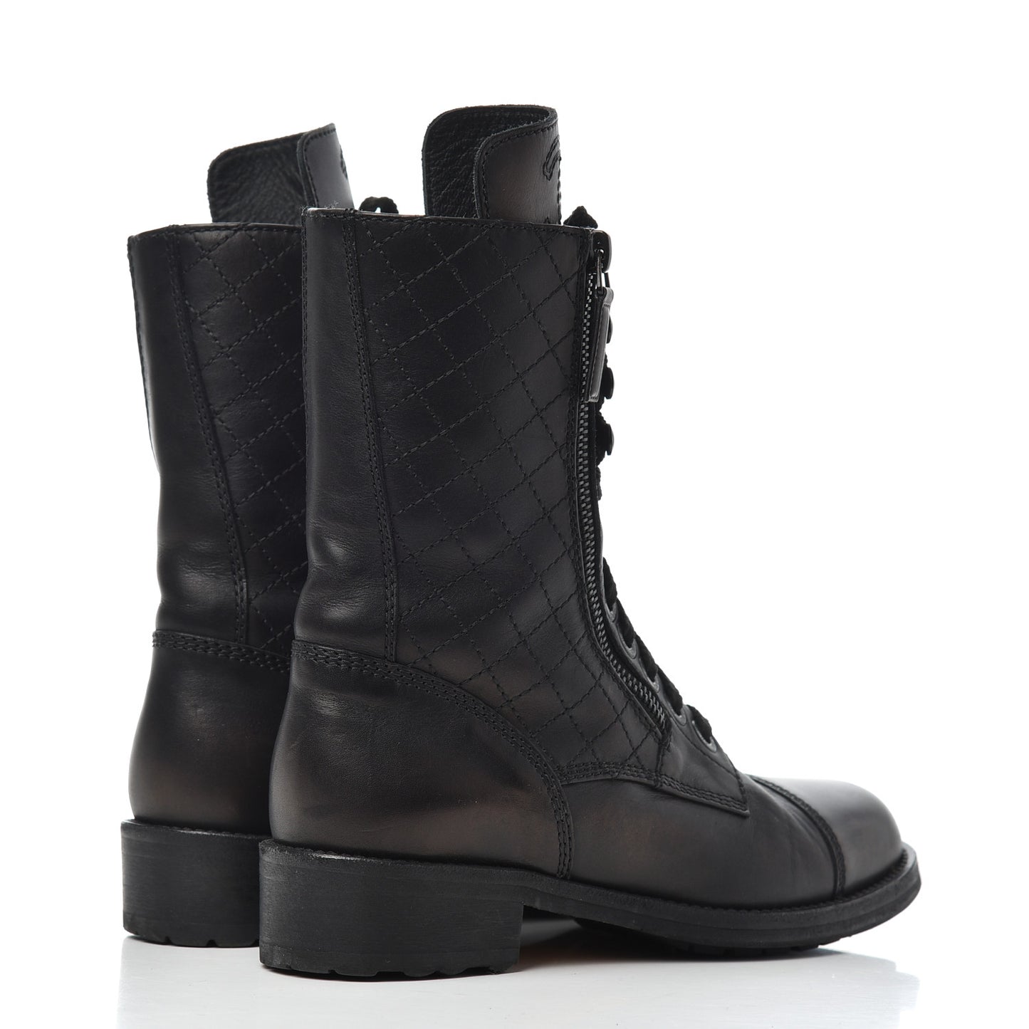Calfskin Quilted Cap Toe Combat Boots 36 Black