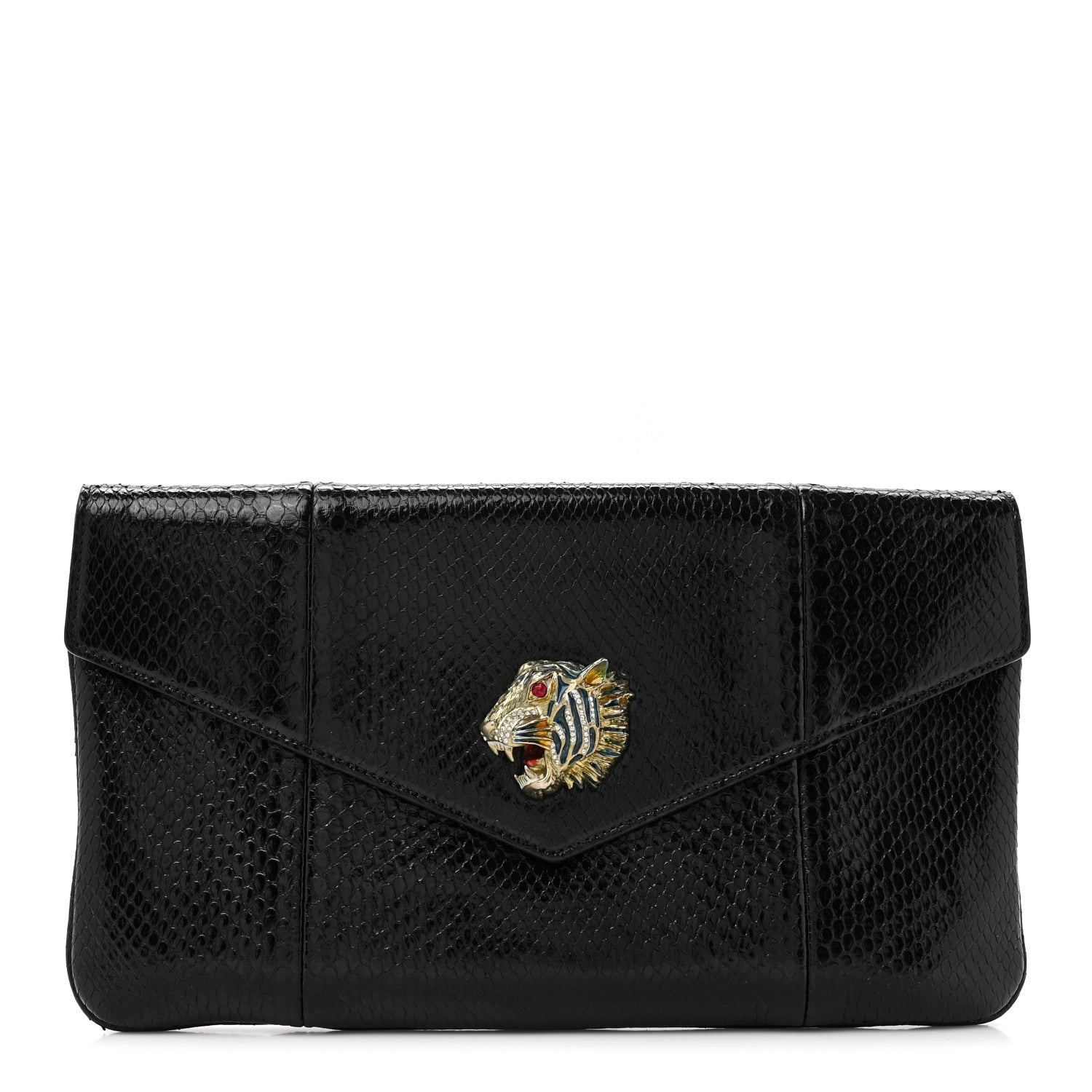 Gucci Snakeskin Rajah Broadway Envelope Clutch Black 1 of 11