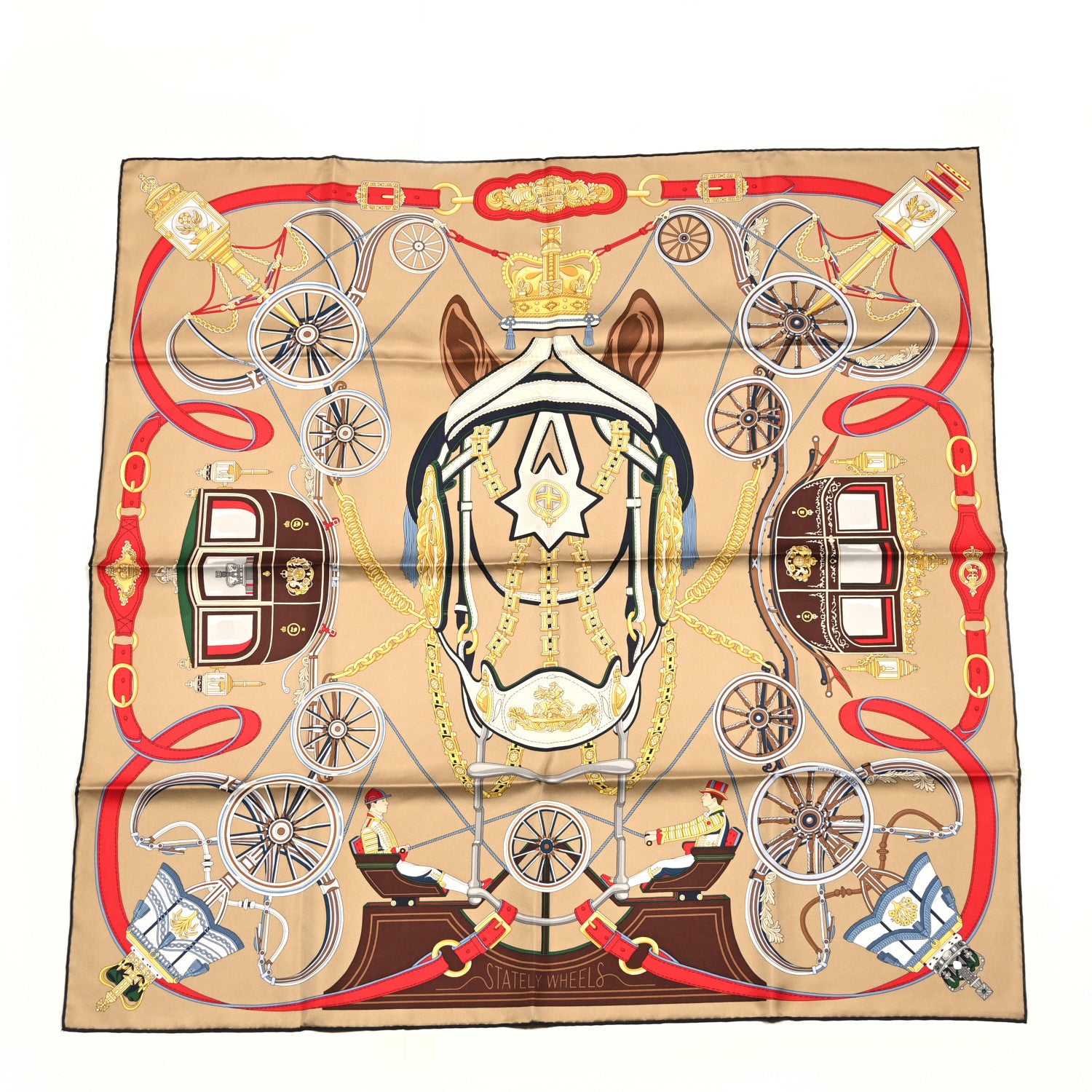 Hermes Silk Stately Wheels Scarf 90 Sable Brun Rouge 1 of 5
