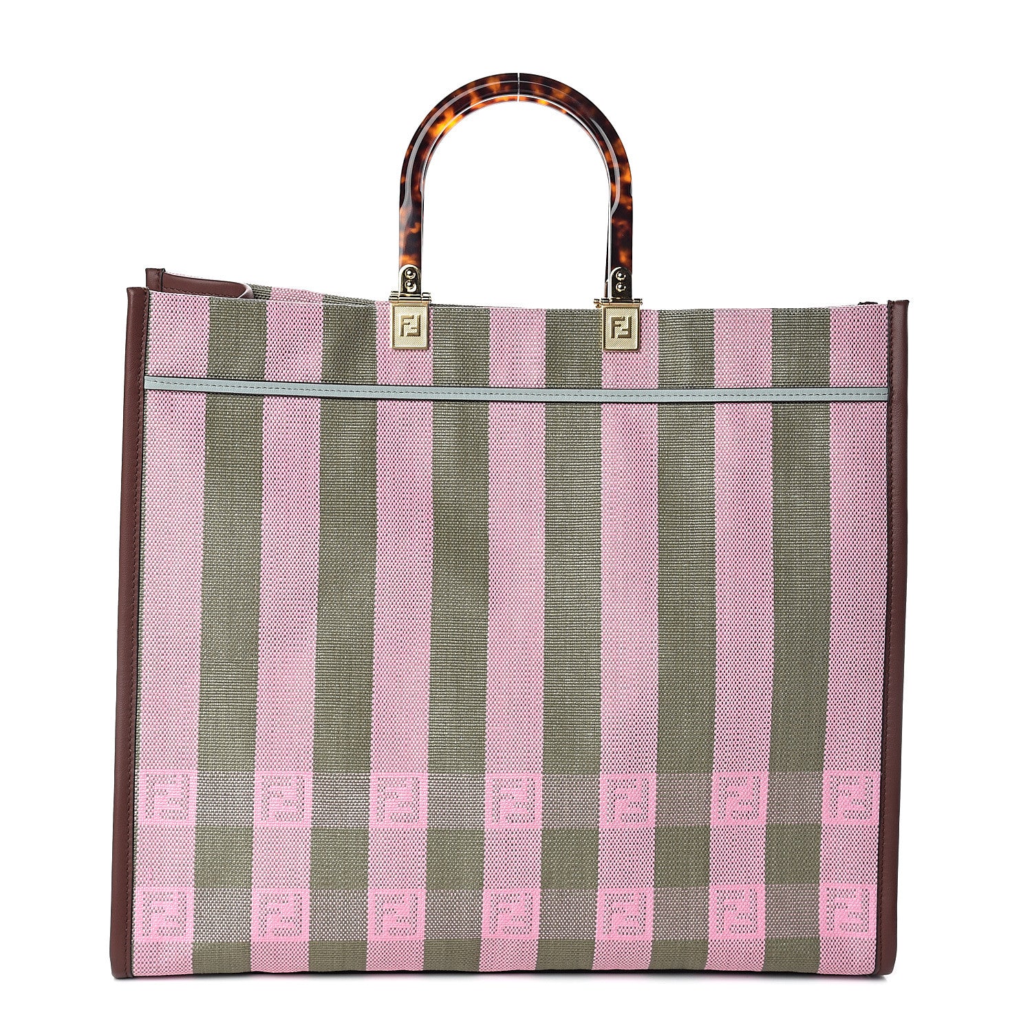 Fendi Raffia Vitello Seta Plexiglass Pequin Gingham Woven Large Fendi Sunshine Shopper Tote Military Rosa 1 of 8
