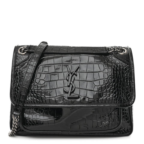 Patent Crocodile Embossed Lambskin Monogram Medium Niki Chain Satchel Black