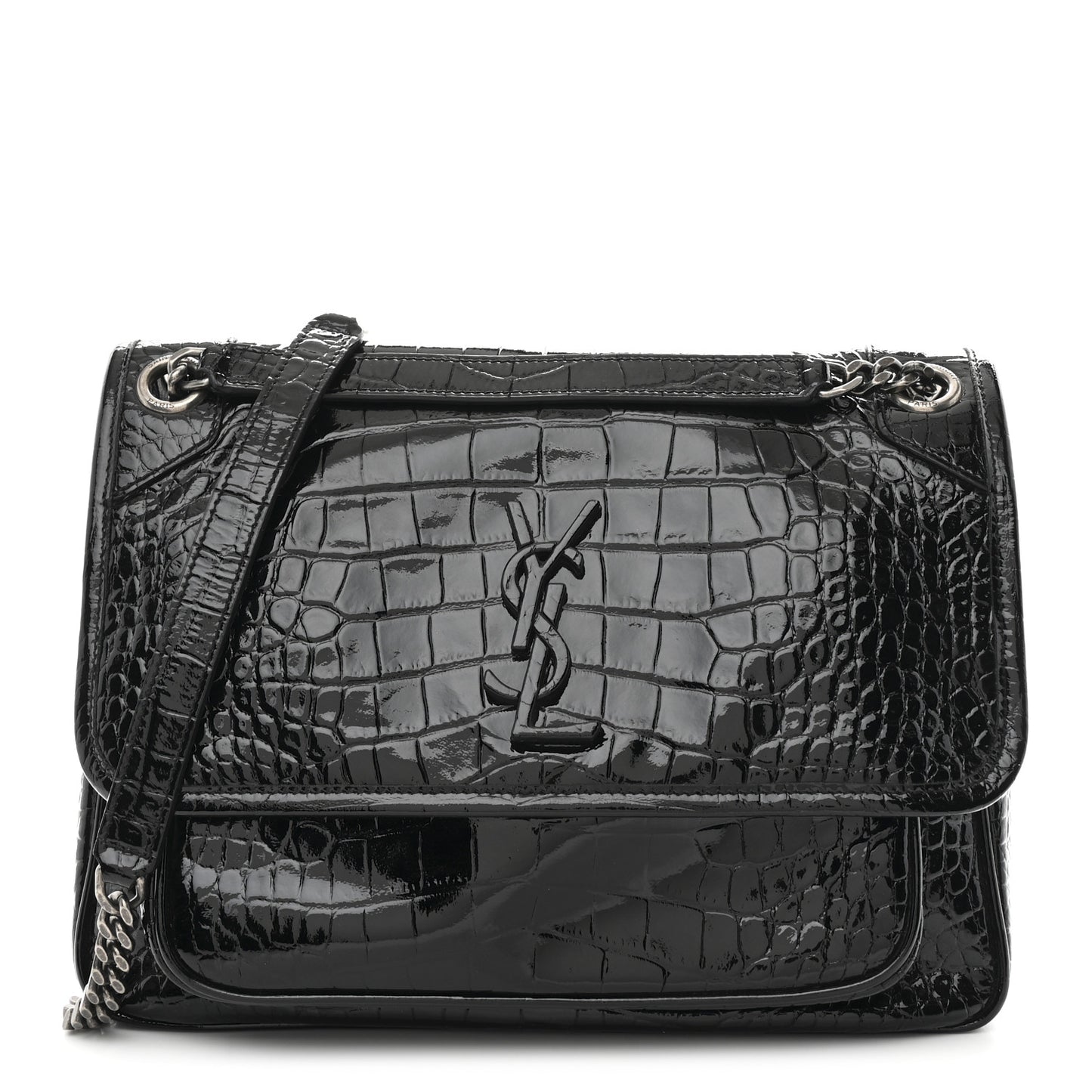 Patent Crocodile Embossed Lambskin Monogram Medium Niki Chain Satchel Black