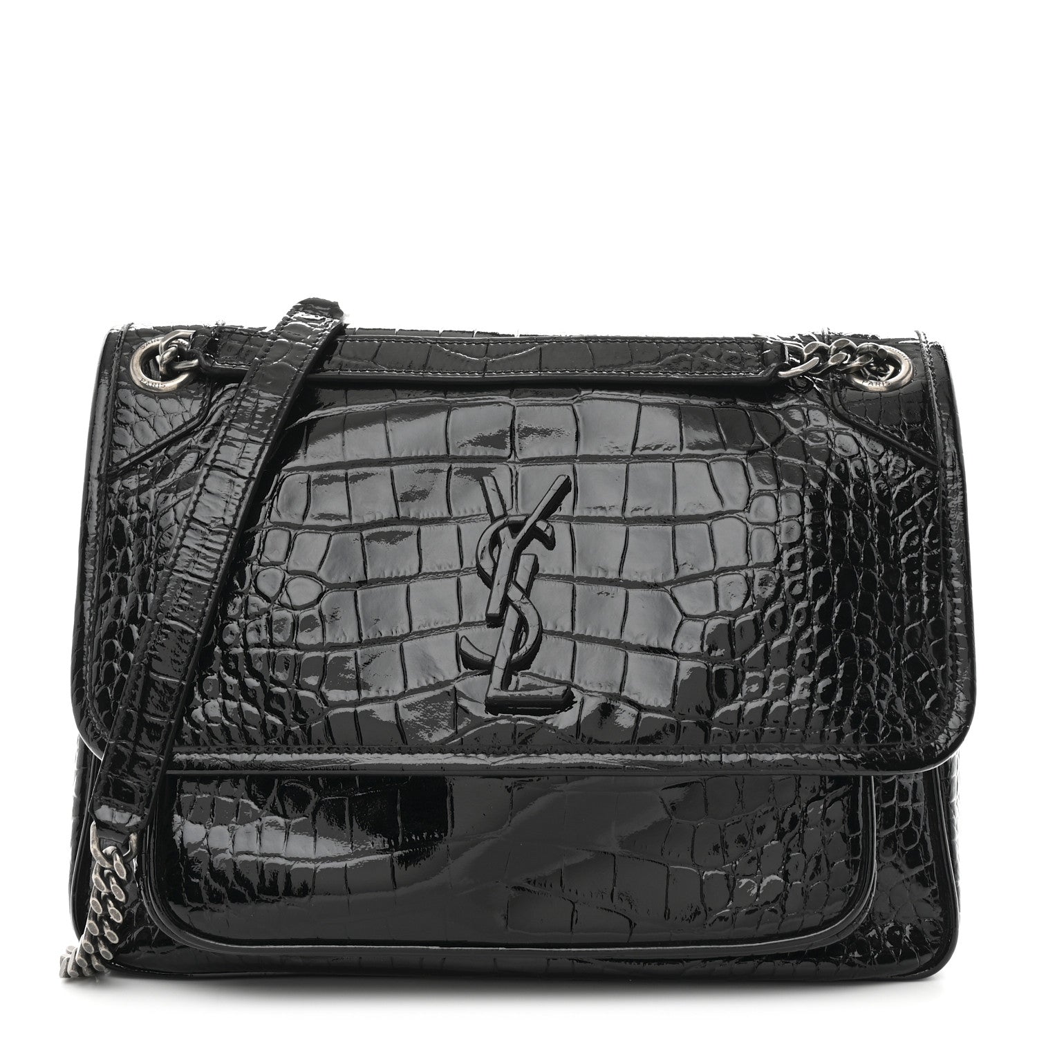 Saint Laurent Patent Crocodile Embossed Lambskin Monogram Medium Niki Chain Satchel Black 1 of 10