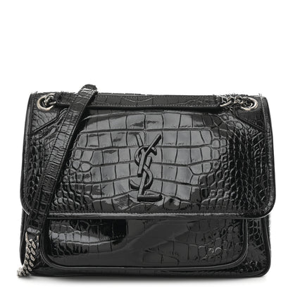 Saint Laurent Patent Crocodile Embossed Lambskin Monogram Medium Niki Chain Satchel Black 1 of 10