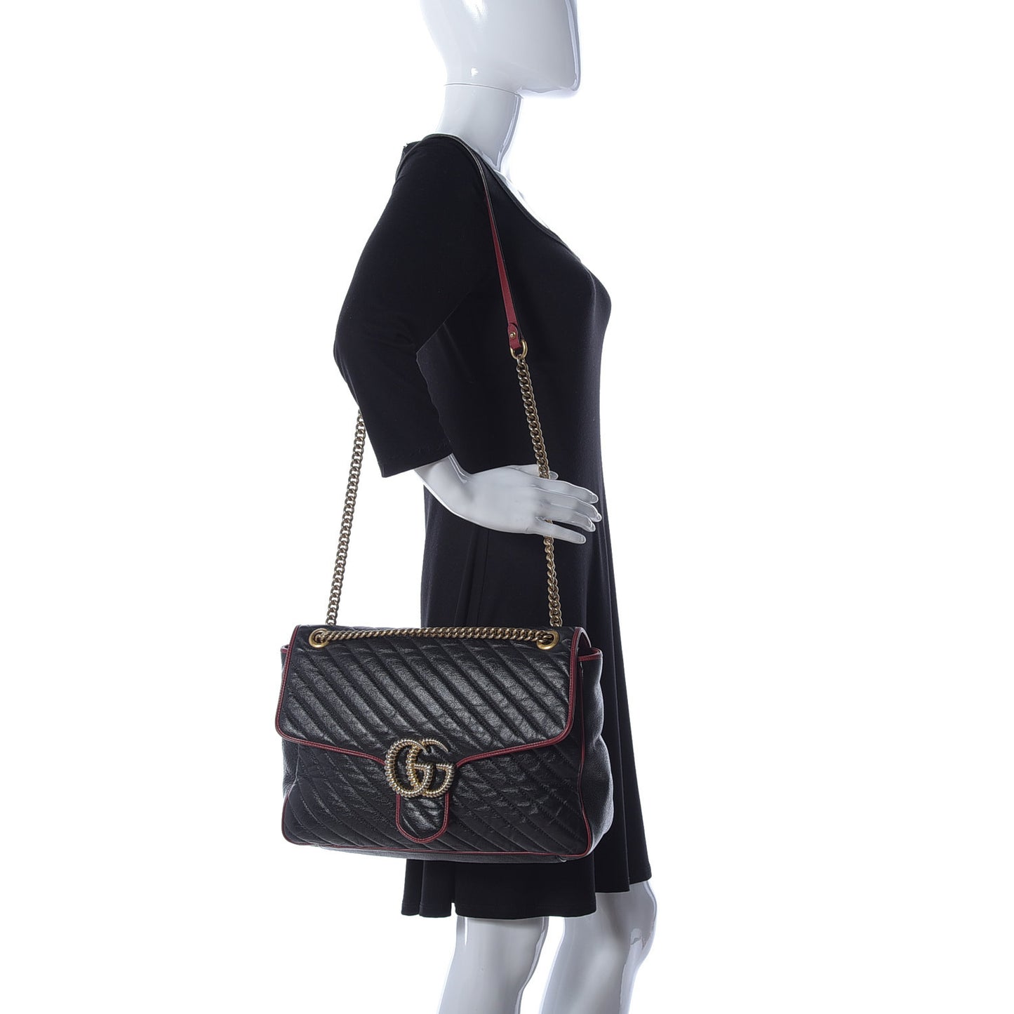 Vintage Effect Calfskin Matelasse Diagonal Large Torchon GG Marmont Shoulder Bag Black Romantic Cherry